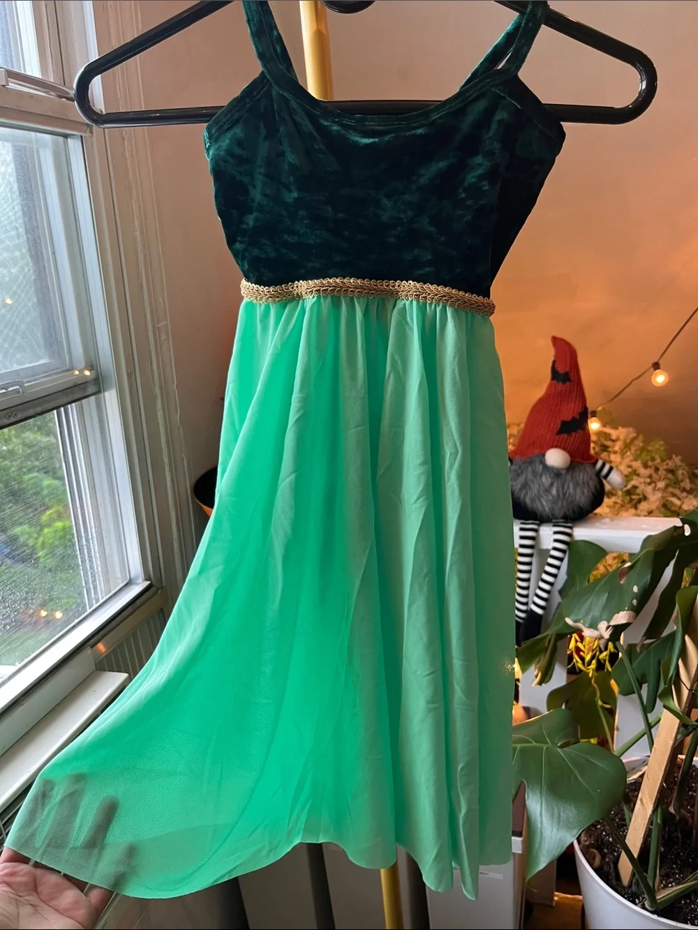 Girls Green Velvet & Chiffon Party Dress with Gold Trim